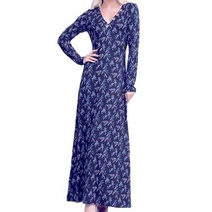 Women’s Long Sleeve Long Dress Navy Blue Floral Print